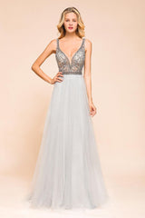 Looking for Prom Dresses,Evening Dresses in Tulle, A-line style, and Gorgeous Beading work  MISSHOW has all covered on this elegant Sparkly V-Neck Aline Evening Dress Floor Length Sleeveless Wedding Party Dress.