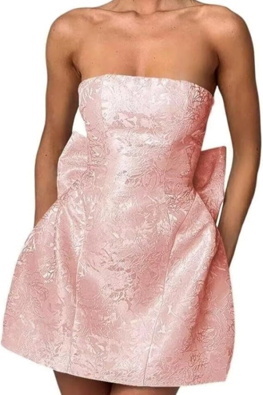 Chic Sleeveless Ruched Satin Floral Jacquard Mini Homecoming Dress with Bow