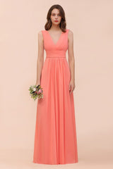 Straps V-Neck Floor Length Bridesmaid Dress Wedding Party Dress-misshow.com