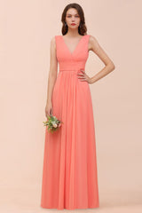 Straps V-Neck Floor Length Bridesmaid Dress Wedding Party Dress-misshow.com