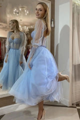 Stunning Long Blue A line Sweetheart Long Sleeves Tulle Prom Dress wit misshow