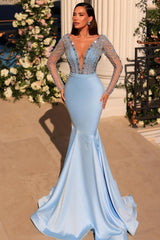 Stunning Long Blue V-neck Lace Beading Mermaid Prom Dress with Long Sleeves