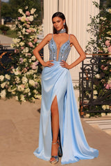 Stunning Long Blue V-neck Lace Beading Mermaid Prom Dress with Long Sleeves