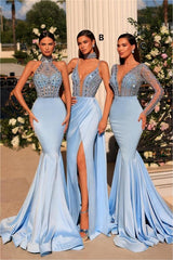 Stunning Long Blue V-neck Lace Beading Mermaid Prom Dress with Long Sleeves