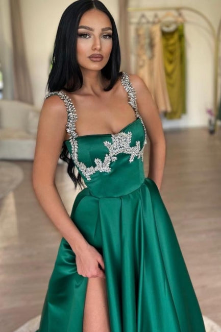 Stunning Long Dark Green A-line Sleeveless Rhinestones Satin Prom Dress with Slit