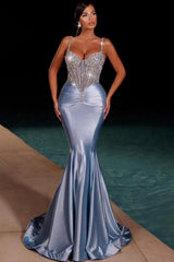 Stunning Long Dusty Blue Mermaid Spaghetti Straps Satin Rhinestones Prom Dress