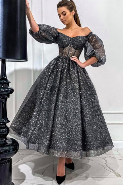 Stunning Long Gray A-line Off-the-shoulder Sequined Prom Dress with Short Sleeves