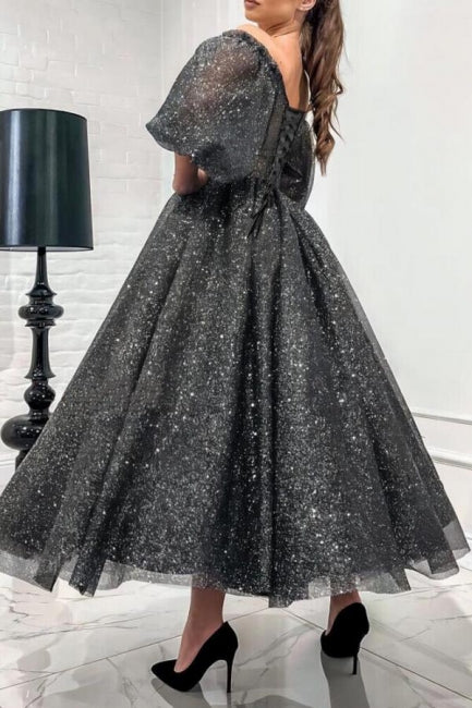 Stunning Long Gray A-line Off-the-shoulder Sequined Prom Dress with Short Sleeves