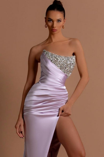 Stunning Long Lilac Column Strapless Sequined Beading Prom Dress with Slit