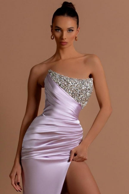 Stunning Long Lilac Column Strapless Sequined Beading Prom Dress with Slit