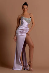 Stunning Long Lilac Column Strapless Sequined Beading Prom Dress with Slit