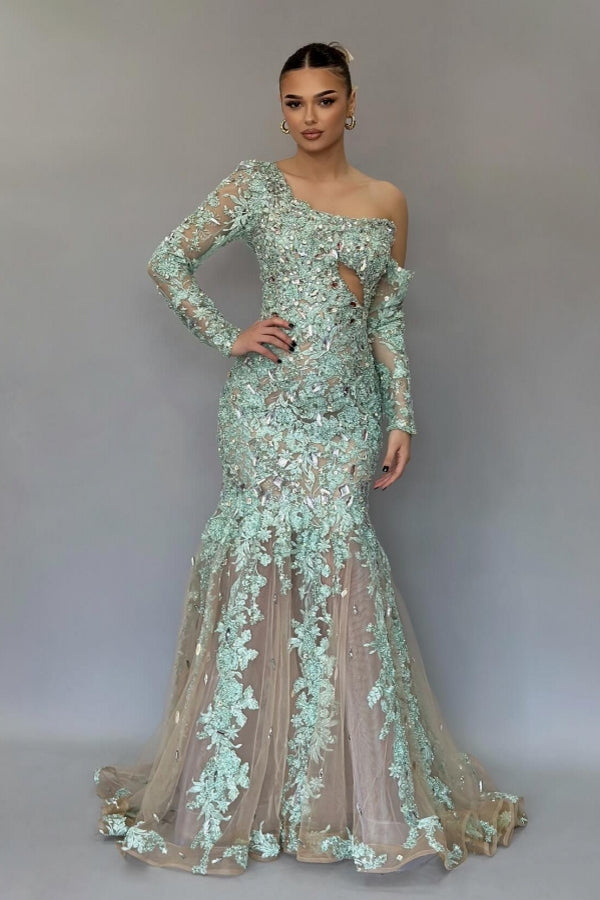 Stunning Long Mermaid One Shoulder Lace Beading Prom Dress with Long Sleeves