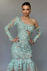 Stunning Long Mermaid One Shoulder Lace Beading Prom Dress with Long Sleeves