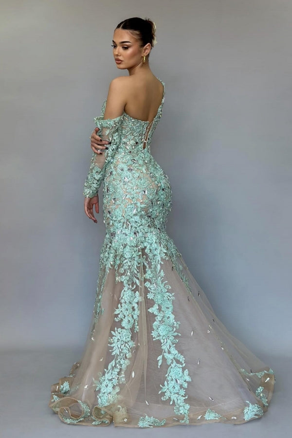 Stunning Long Mermaid One Shoulder Lace Beading Prom Dress with Long Sleeves