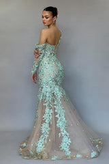 Stunning Long Mermaid One Shoulder Lace Beading Prom Dress with Long Sleeves