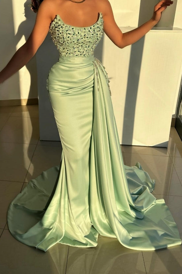 Stunning Long Sage Mermaid Strapless Beading Jewel Sleeveless Prom Dress