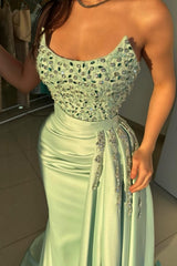 Stunning Long Sage Mermaid Strapless Beading Jewel Sleeveless Prom Dress