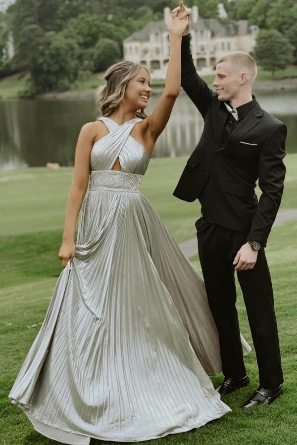 Stunning Long Silver A-line Halter Pleated Sexy Prom Dress with Rhinestones