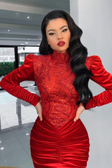 Stunning Red Velvet High Neck Mermaid Prom Dress Long Sleeves-misshow.com