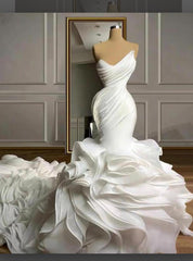 Stunning Strapless Organza Tiered Piping Mermaid Wedding Dress-misshow.com