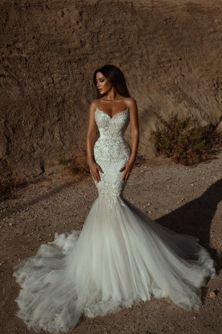 Stunning Sweetheart Beading Mermaid Wedding Gown Sleeveless Tulle Bridal Dress-misshow.com