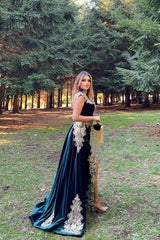 Stunning Velvet Evening Gown Sleeveless Gold Appliques Formal Dress with Detachable Train Side Slit-misshow.com