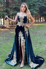 Stunning Velvet Evening Gown Sleeveless Gold Appliques Formal Dress with Detachable Train Side Slit-misshow.com