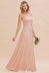 Looking for Bridesmaid Dresses in 100D Chiffon, A-line style, and Gorgeous Ruffles work  MISSHOW has all covered on this elegant Stylish Chiffon Straps Sleeveless Floor-Length A-Line Ruffles Bridesmaid Dress.