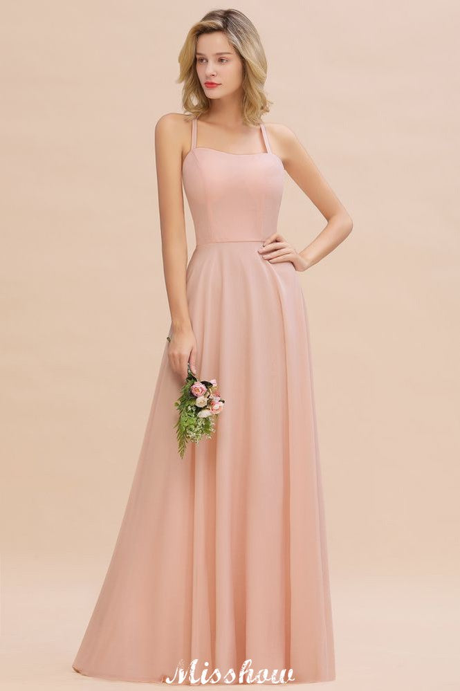 Looking for Bridesmaid Dresses in 100D Chiffon, A-line style, and Gorgeous Ruffles work  MISSHOW has all covered on this elegant Stylish Chiffon Straps Sleeveless Floor-Length A-Line Ruffles Bridesmaid Dress.