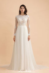 MISSHOW offers Stylish Crew Neck Lace Appliques Wedding Dress Long Sleeve Chiffon Simple Bridal Gown at a good price from White,Ivory,Blushing Pink,Red,Champagne,Black,100D Chiffon,Tulle to A-line Floor-length them. Stunning yet affordable Long Sleeves .