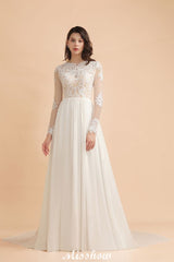 MISSHOW offers Stylish Crew Neck Lace Appliques Wedding Dress Long Sleeve Chiffon Simple Bridal Gown at a good price from White,Ivory,Blushing Pink,Red,Champagne,Black,100D Chiffon,Tulle to A-line Floor-length them. Stunning yet affordable Long Sleeves .