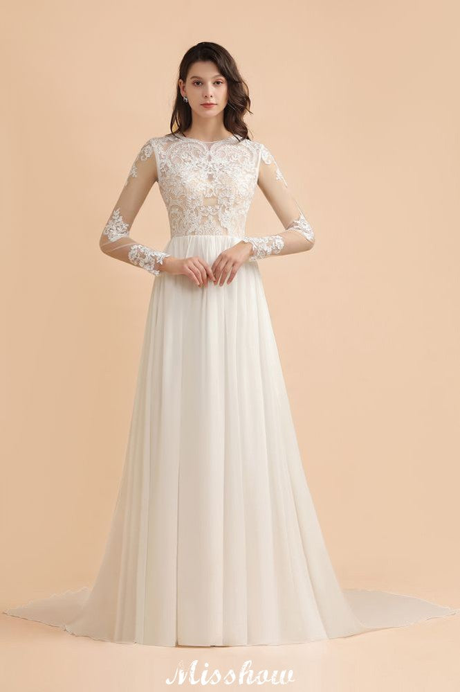 MISSHOW offers Stylish Crew Neck Lace Appliques Wedding Dress Long Sleeve Chiffon Simple Bridal Gown at a good price from White,Ivory,Blushing Pink,Red,Champagne,Black,100D Chiffon,Tulle to A-line Floor-length them. Stunning yet affordable Long Sleeves .