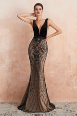 Looking for Prom Dresses,Evening Dresses,Homecoming Dresses,Quinceanera dresses in Lace,Velvet, Mermaid style, and Gorgeous Sequined work  MISSHOW has all covered on this elegant Stylish Deep V-Neck Black Beading Mermaid Prom Dress Sleeveless Slim Evening Party Gown.