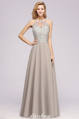 Looking for Bridesmaid Dresses in 100D Chiffon,Lace, A-line style, and Gorgeous Lace,Rhinestone work  MISSHOW has all covered on this elegant Stylish Floral Appliques Sleeveless Evening Party Gown Aline Silver Chiffon Long Bridesmaid Dress.