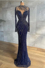 Stylish High Neck Navy Mermaid Evening Dress with Detachable Tulle Train Crystals Beads Long Prom Dress-misshow.com