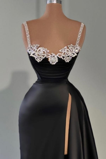 Stylish Long Black A-line Sleeveless Satin Split Front Prom Dress with Jewels