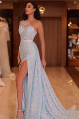 Stylish Long Blue One Shoulder Beading Lace Prom Dress with Slit