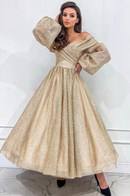 Stylish Long Champagne A-line Off-the-shoulder Long Sleeves Prom Dress with Glitter