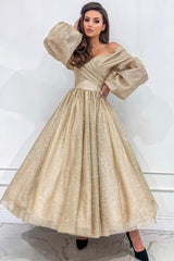 Stylish Long Champagne A-line Off-the-shoulder Long Sleeves Prom Dress with Glitter