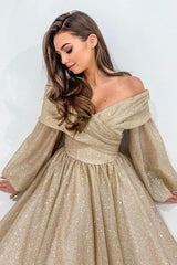 Stylish Long Champagne A-line Off-the-shoulder Long Sleeves Prom Dress with Glitter