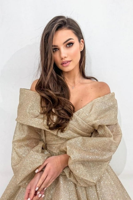 Stylish Long Champagne A-line Off-the-shoulder Long Sleeves Prom Dress with Glitter