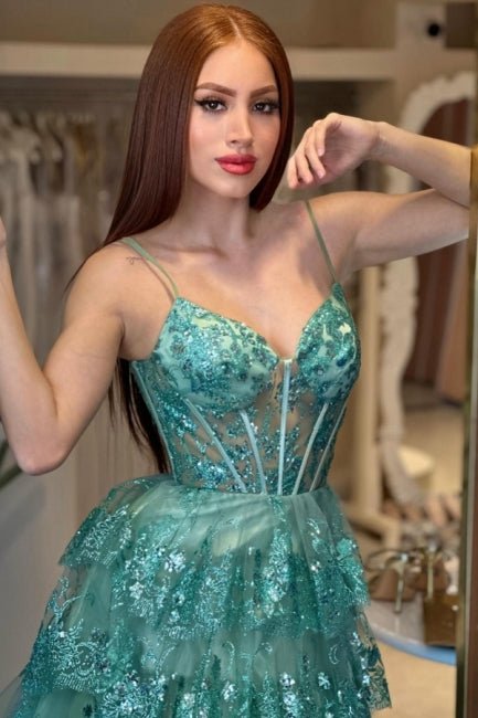 Stylish Long Green A-line Spaghetti Straps Sequined Lace Prom Dress