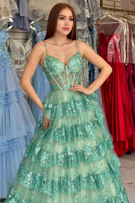 Stylish Long Green A-line Spaghetti Straps Sequined Lace Prom Dress