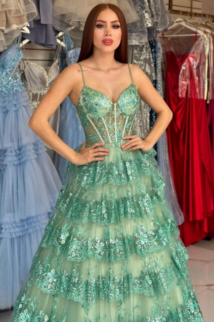 Stylish Long Green A-line Spaghetti Straps Sequined Lace Prom Dress