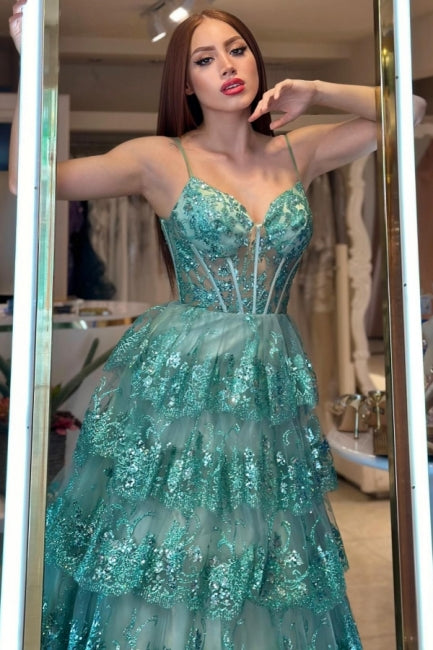 Stylish Long Green A-line Spaghetti Straps Sequined Lace Prom Dress