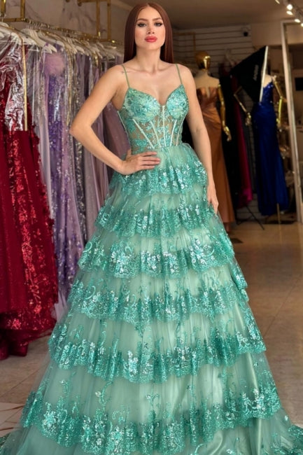 Stylish Long Green A-line Spaghetti Straps Sequined Lace Prom Dress