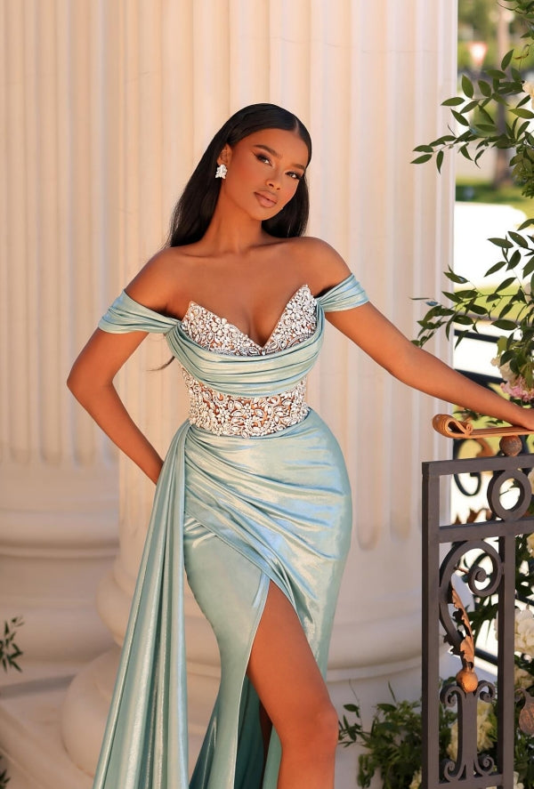 Stylish Long Mermaid Off-the-shoulder V-neck Lace Rhinestones Prom Dress with Slit