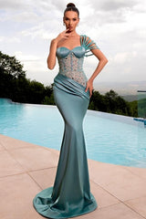 Stylish Long Mermaid One Shoulder Beading Satin Sleeveless Prom Dress