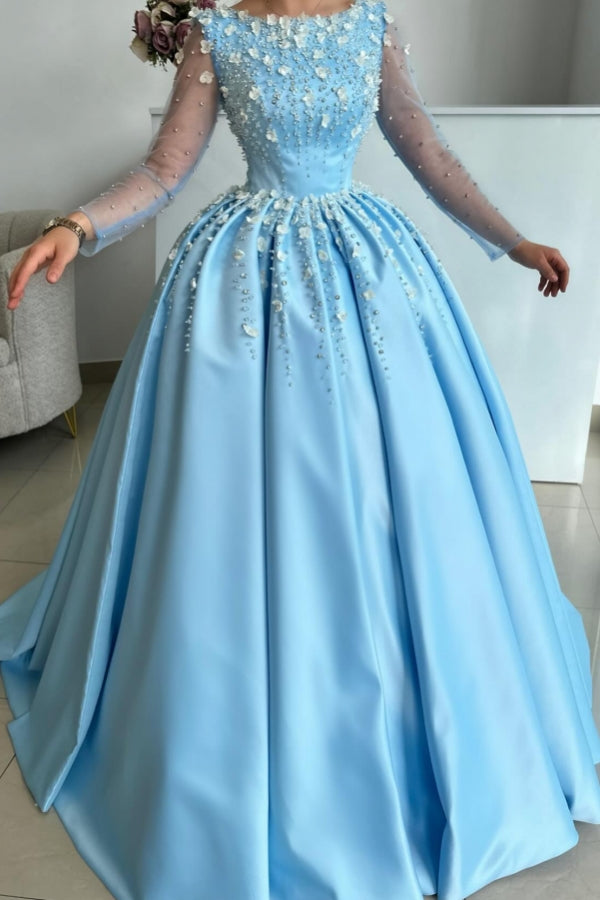 Stylish Long Sky Blue A-line Satin Rhinestones Prom Dress with Long Sleeves