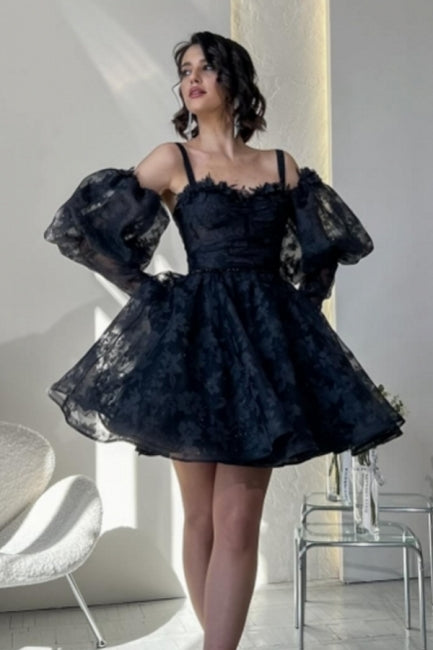 Stylish Short Black Lace Homecoming Dresses with Glitter